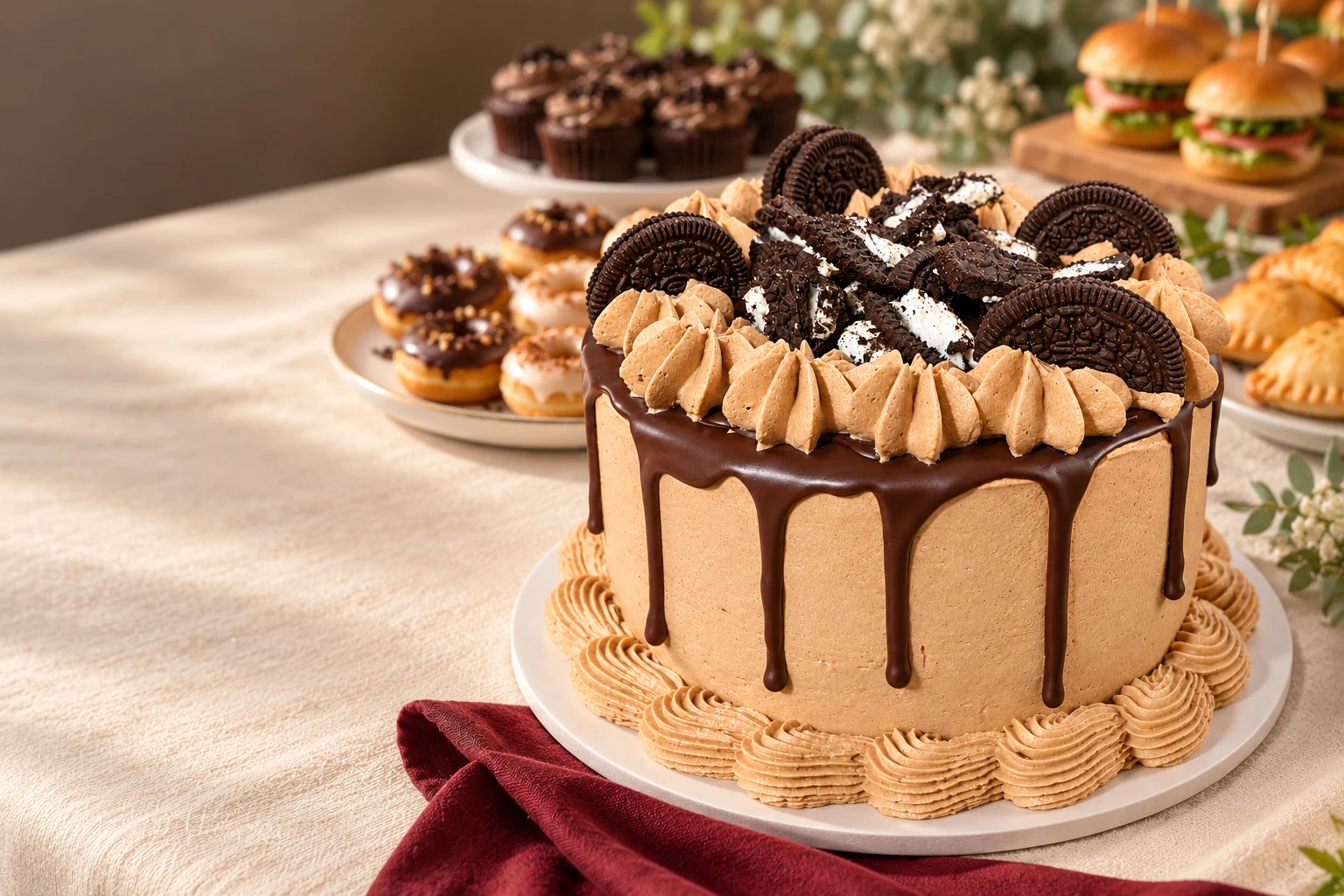 Torta de chocolate y galletas como protagonista de una mesa de inspiración de catering, con otros dulces y algunos bocados salados al fondo